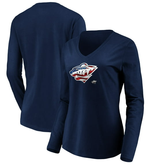 Women's Navy Minnesota Wild Banner Wave Logo Long Sleeve V-Neck T-Shirt