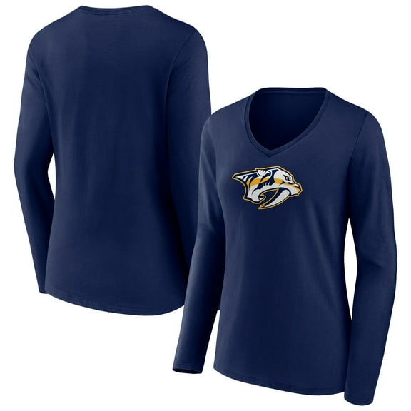 Women's Navy Nashville Predators Team Logo Long Sleeve V-Neck T-Shirt