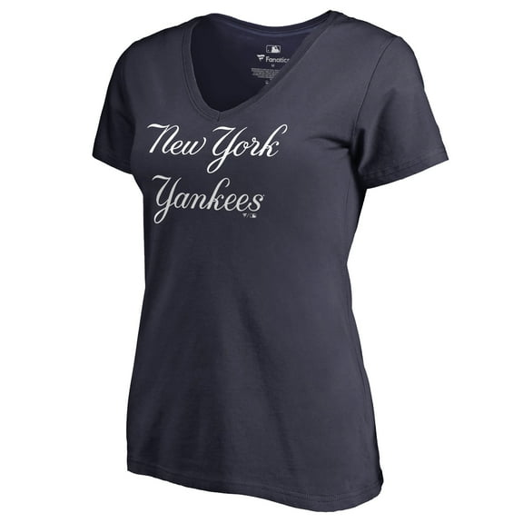 Women's Navy New York Yankees Script Wordmark V-Neck T-Shirt