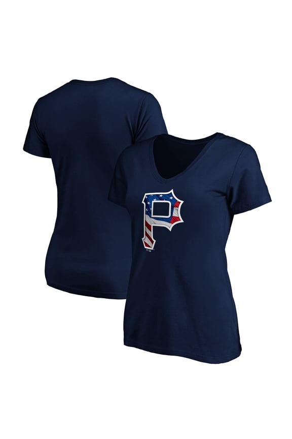 Women's Navy Pittsburgh Pirates Logo Banner Wave V-Neck T-Shirt