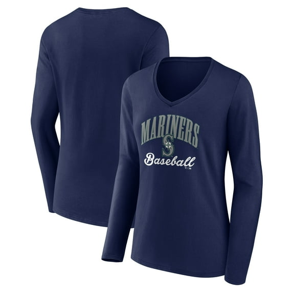 Women's Navy Seattle Mariners Victory Script Long Sleeve V-Neck T-Shirt