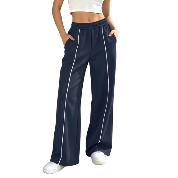 Women's Navy Side Striped Wide Leg Sweatpants, Elastic High Waist Drawstring Casual Athletic Long Pants with Side Pockets, Loose Fit Lounge Workout Jogger Trousers Sizes S-XXL