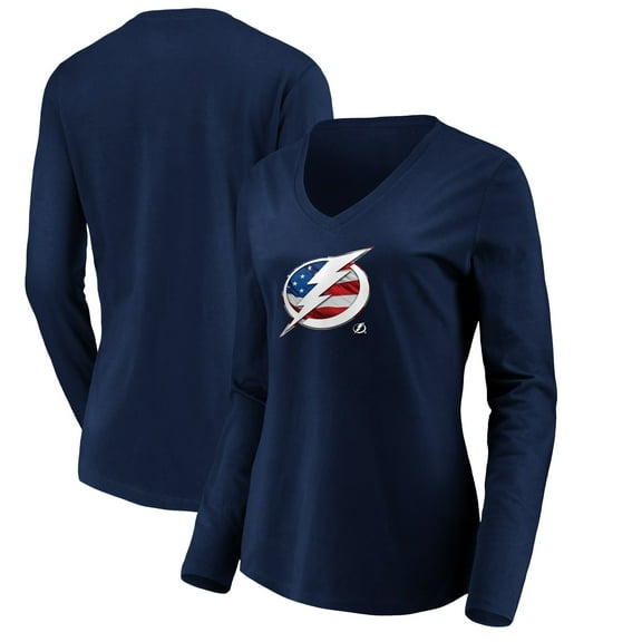 Women's Navy Tampa Bay Lightning Banner Wave Logo Long Sleeve V-Neck T-Shirt