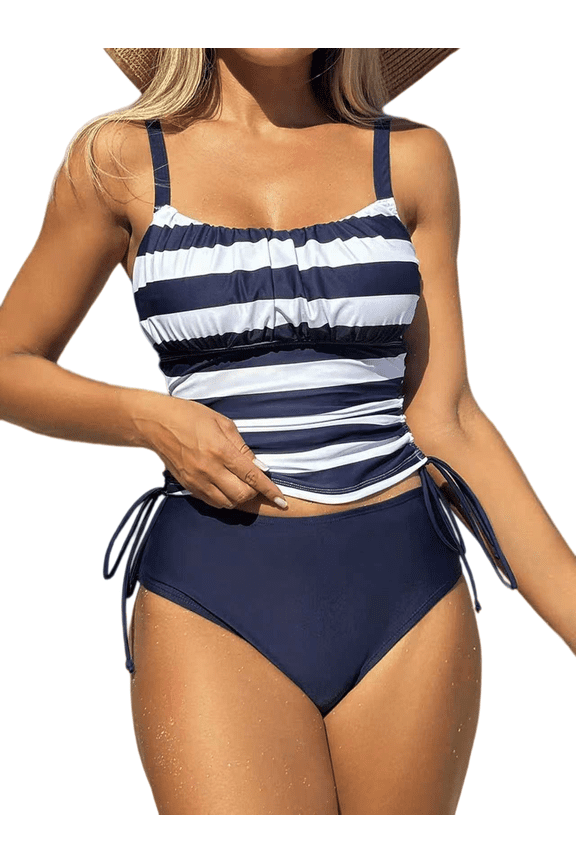 Women's Navy White Stripe Side Drawstring Tankini Two Piece Swim Set, Square Neck Ruched Tummy Control Adjustable Strap Tank Top & Solid Navy High Cut Cheeky Bikini Bottom Modest Bathing Suit for Bea