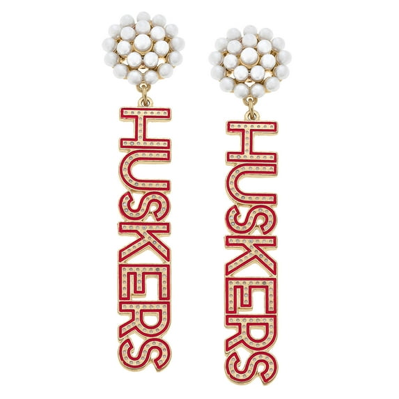 Women' CANVAS Style Nebraska Huskers Pearl Cluster Dotted Enamel Drop Earrings