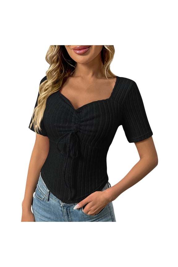 Women's Neck Drawstring Ruched Short Sleeve Asymmetrical Hem Knit Blouse Tunic Crop Tops Pullover Shirts