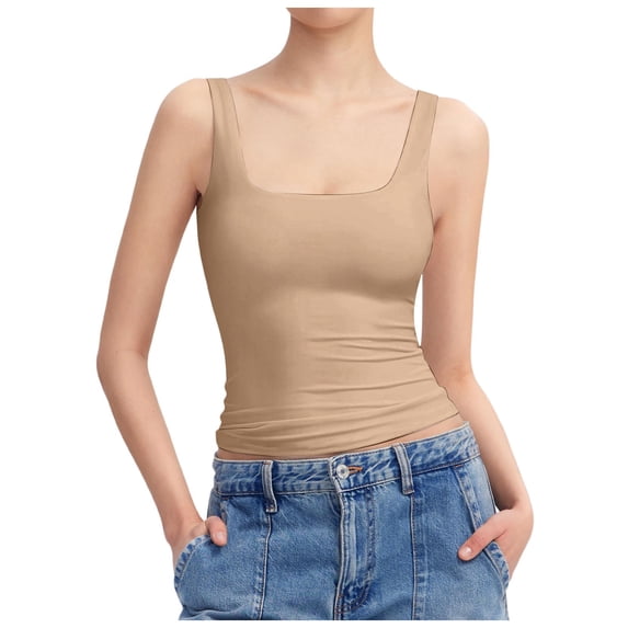 Women's Neck Sleeveless Knit Ribbed Fitted Casual Crop Tank Top,Color:Beige