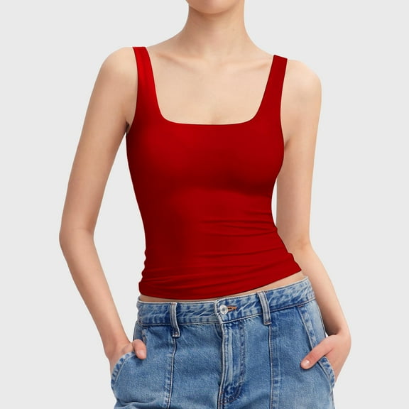 Women's Neck Sleeveless Knit Ribbed Fitted Casual Crop Tank Top Extra Long Camisole for Women Camisole with Bra Pack Tops for Women Loose Fit Polyester Camisoles for Women Long Tops with Bra for Women