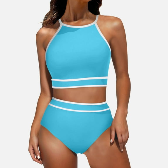 Women's Neck Top High Waisted Bikini Set Sport Color Matching Swimsuit Two Piece Set Swim Suit Tops for Juniors Bathing Suit Shirts for Juniors Swimsuit Top Size Small Supportive Swimsuits for Women