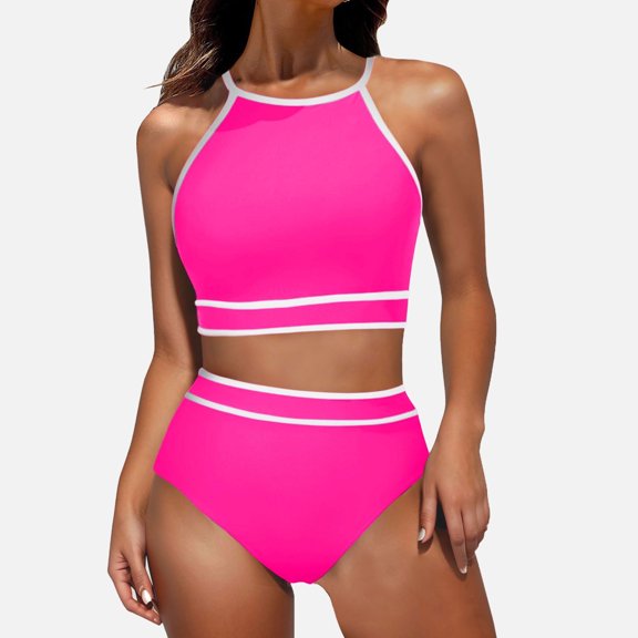 Women's Neck Top High Waisted Bikini Set Sport Color Matching Swimsuit Two Piece Set Swimsuit Cover Ups for Women plus Size 2x Ladies Swimsuits Two Piece with Skirt Bathing Suit Set with Shorts Swim
