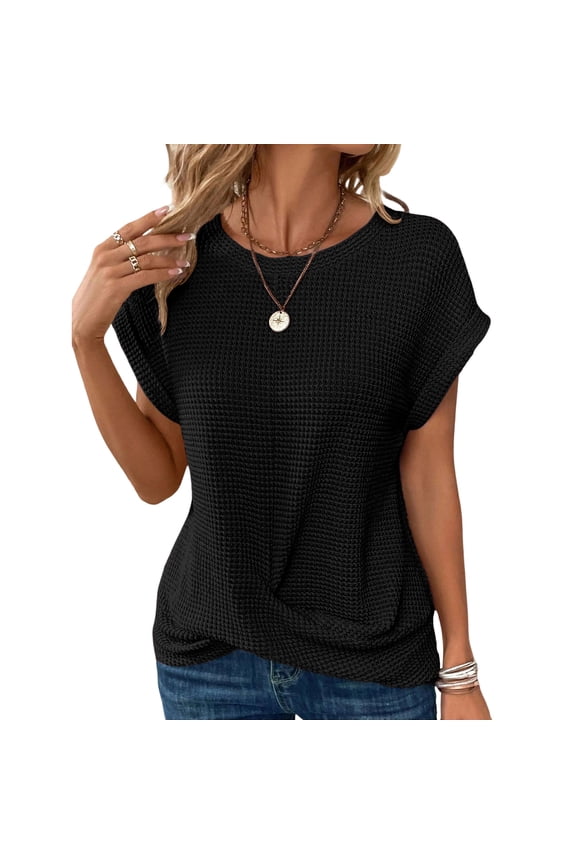 Women's Neck Twist Front T Shirts Cap Sleeve Waffle Knit Casual Tops