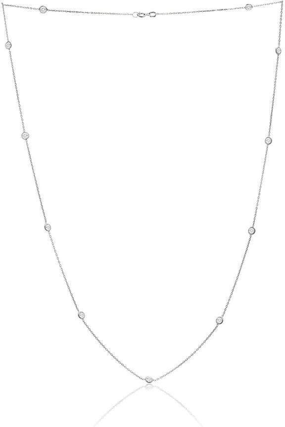 Women's Necklace - 925 Sterling Silver By the Yard Station Bezel Set Crystal Delicate Link Chain Necklace