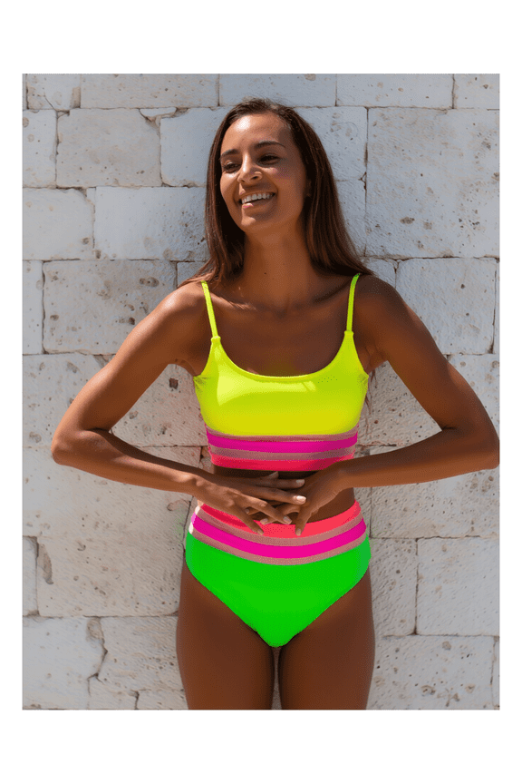 Women's Neon Color Block High-Waisted Bikini Set - Crop Top Two-Piece Swimwear