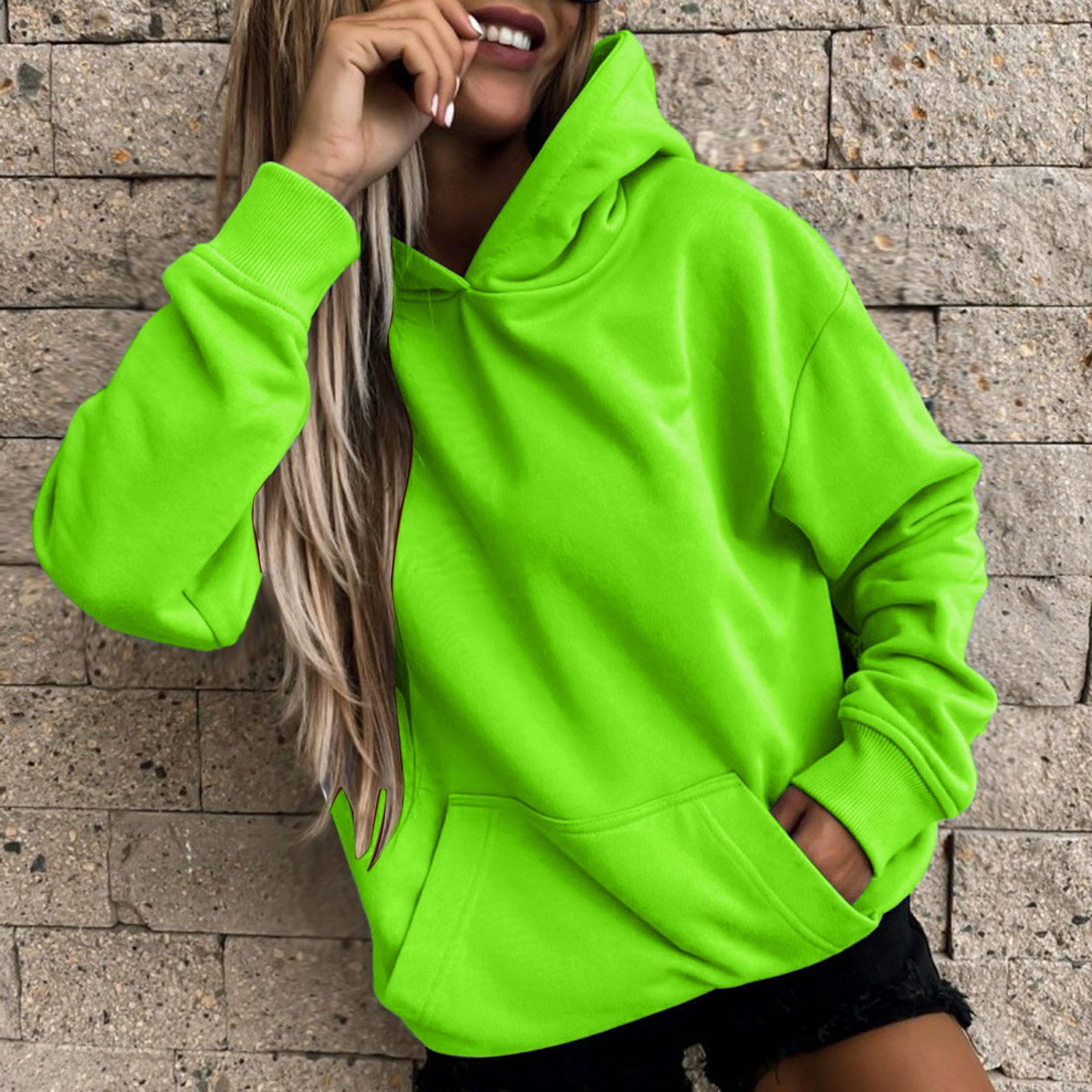 Women's Neon Green Hoodie Casual Long Sleeve Pullover with Front Pocket ...