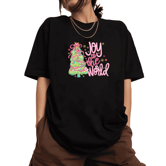 Women's Neon Joy To The World Christmas Tree Graphic Oversized Cotton T-Shirt Black S-5XL