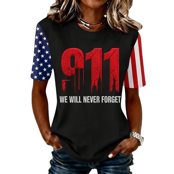Women's Never Forget 911 Memorial T Shirt Flag Printed Vintage 9/11 Memorial Shirt Courage Patriotic Hope 9-11 Memorial Shirt