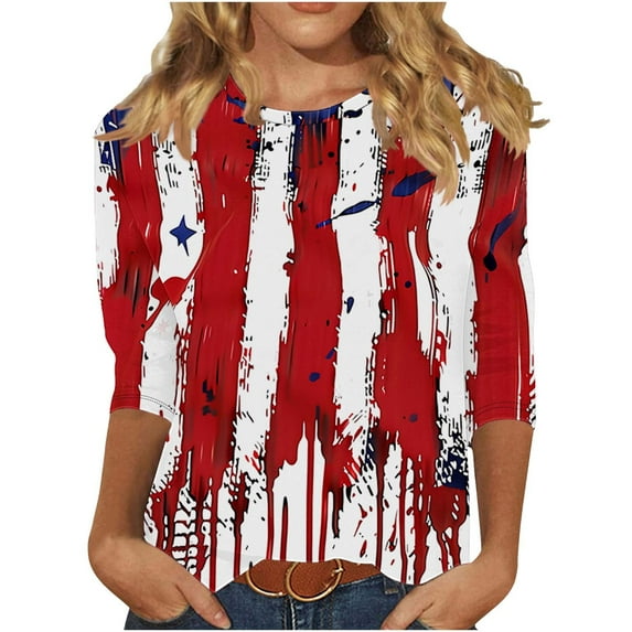 Women's New 3/4 Sleeve Round Neck Pullover Independence Day Casual Printed Top T-shirt