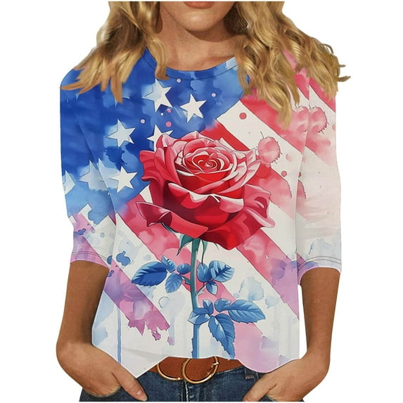 Women's New 3/4 Sleeve Round Neck Pullover Independence Day Casual Printed Top T-shirt