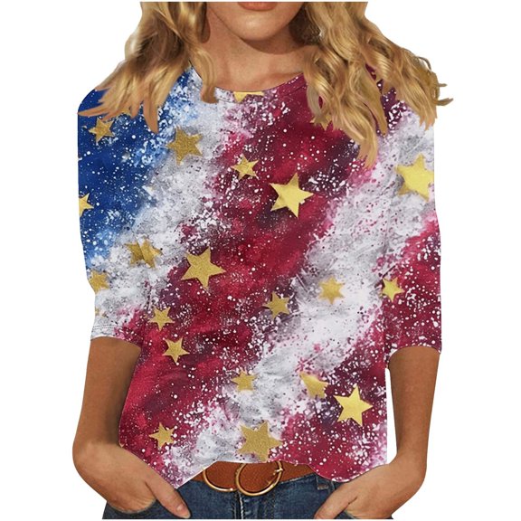 Women's New 3/4 Sleeve Round Neck Pullover Independence Day Casual Printed Top T-shirt