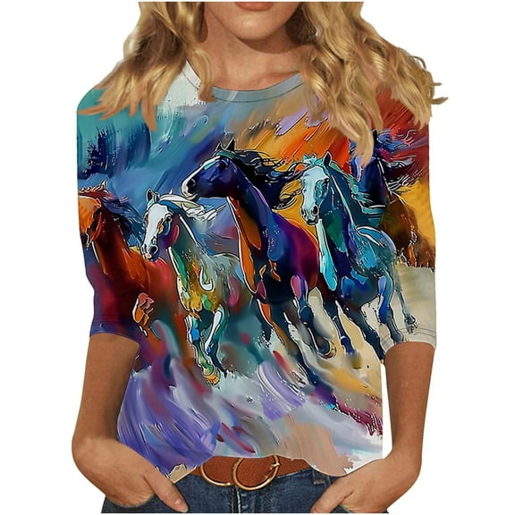 Women's New 3/4 Sleeve Round Neck Pullover Racing Festival Casual Printed Top T-shirt