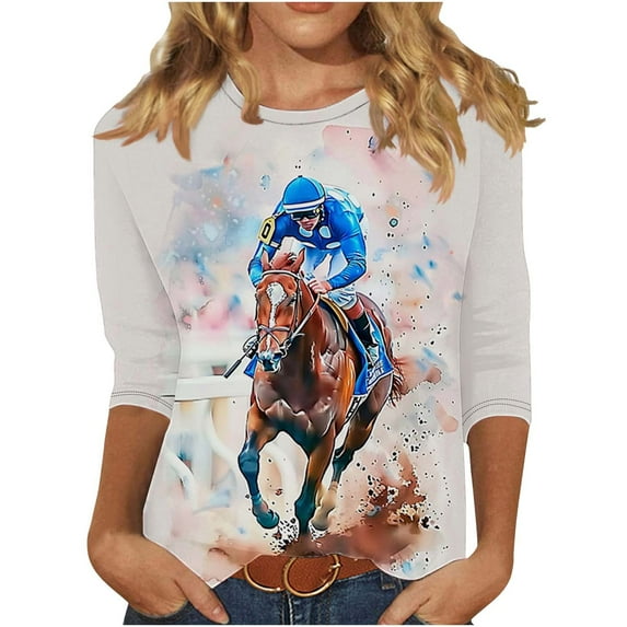 Women's New 3/4 Sleeve Round Neck Pullover Racing Festival Casual Printed Top T-shirt