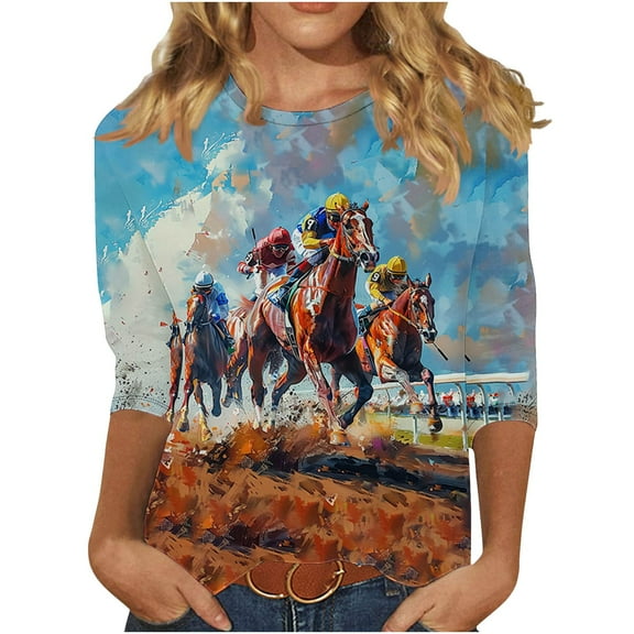 Women's New 3/4 Sleeve Round Neck Pullover Racing Festival Casual Printed Top T-shirt
