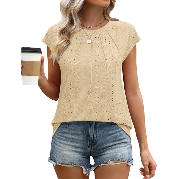 Women's New Arrival Fashion Oversized Neck Eyelet Lace-Up Solid Color Casual Short Sleeve T-Shirt Top,Beige,S