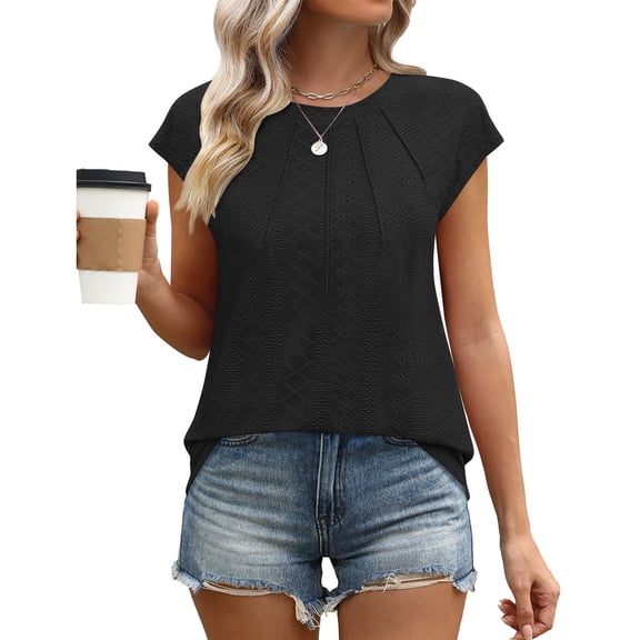 Women's New Arrival Fashion Oversized Neck Eyelet Lace-Up Solid Color Casual Short Sleeve T-Shirt Top,Black,S
