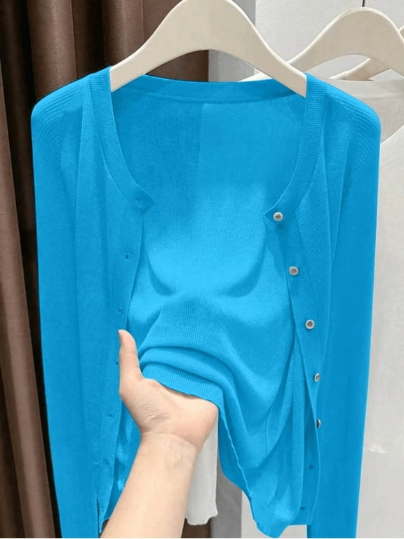 Women's New Autumn Elegant Casual Knit Thin Cardigan, Solid Color Round Neck Long Sleeve Single Button, Fashion Minimalist Commute Sheer Knit Cardigan, Streetwear