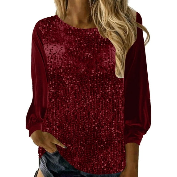 Women's New Casual Crew Neck Long Sleeve Sleeve Sleeve Loose Sequin Blouse Shirt