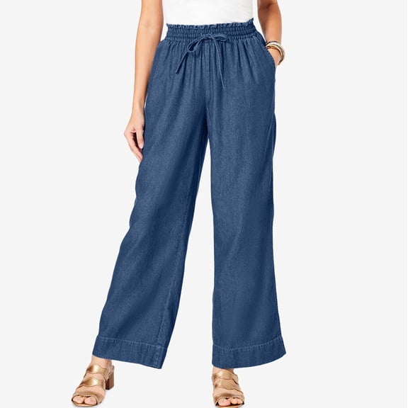 Women's New Casual Loose Pocket Imitation Denim Casual Pants Loose Womens Pants Elastic Waist Womens Casual Pants And Tops Womens Wide Leg Pants Casual Women's Pants Casual Petite Leopard Pants plus
