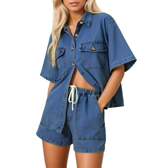 Women's New Casual Loose Pocket Short Sleeve Denim Set Polyester, Sexy Chest Design, for Daily & Formal Wear