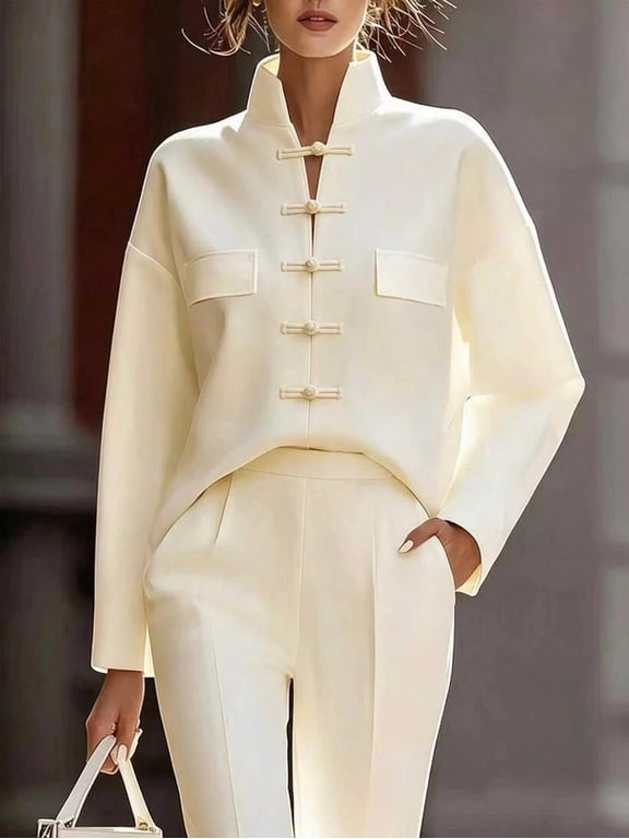 Women's New Chinese Style Frog Button Shirt Mandarin Collar Long Sleeve Patch Pocket Top