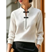 Womens New Chinese Style Frog Button Shirt Mandarin Collar V-Neck Long Sleeve Blouse