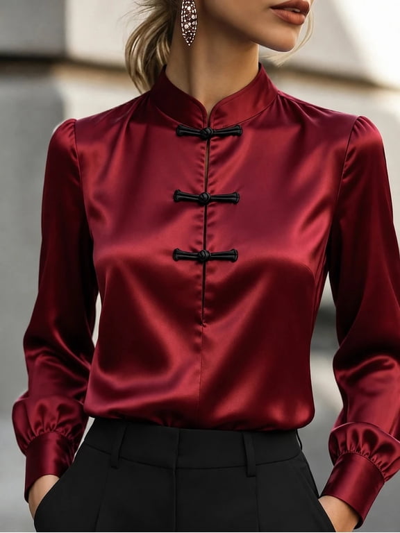 Women's New Chinese Style Mandarin Collar Blouse Frog Button Elegant Long Sleeve Shirt Vintage Oriental Top for Party Dinner