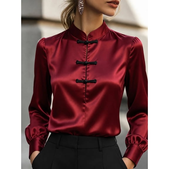 Women's New Chinese Style Mandarin Collar Blouse Frog Button Elegant Long Sleeve Shirt Vintage Oriental Top for Party Dinner