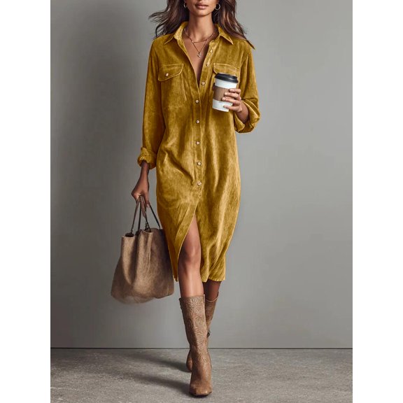 Women’s New Corduroy Button Down Midi Shirt Dress, Casual Lapel Long Sleeve A-Line Dress with Multiple Colors for Casual Daily Wear