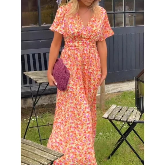Women's New Elegant Printed Waist-Cinching V-Neck Dress