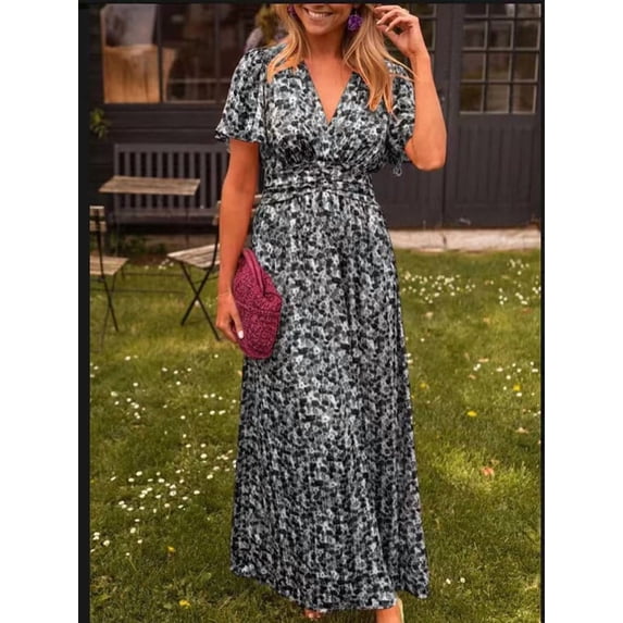 Women's New Elegant Printed Waist-Cinching V-Neck Dress