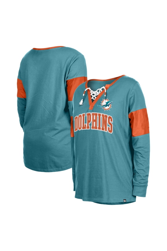 Women's New Era Aqua Miami Dolphins Lace-Up Notch-Neck Long Sleeve T-Shirt