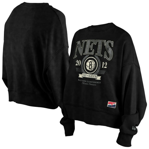 Women's New Era  Black Brooklyn Nets Throwback Vintage Enzyme Wash Oversized Boxy Pullover Sweatshirt