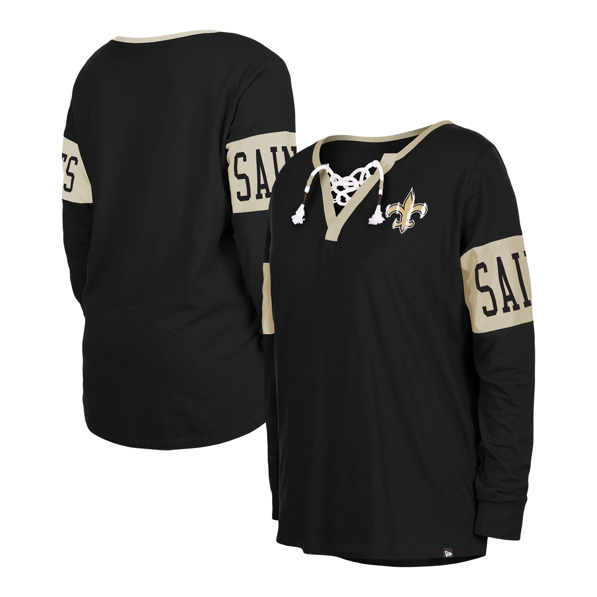 Women s New Era Black New Orleans Saints Lace Up Notch Neck Long Sleeve T Shirt Walmart