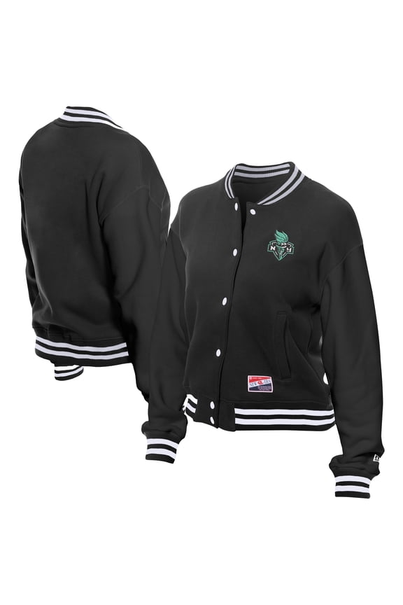Women's New Era Black New York Liberty Throwback Varsity Fleece Full-Snap Jacket