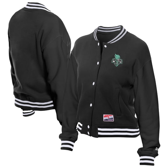 Women's New Era Black New York Liberty Throwback Varsity Fleece Full-Snap Jacket