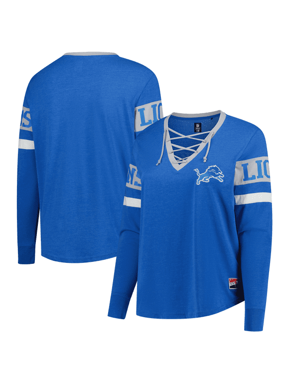 Women's New Era Blue Detroit Lions Plus Size Throwback Lace-Up Long Sleeve T-Shirt