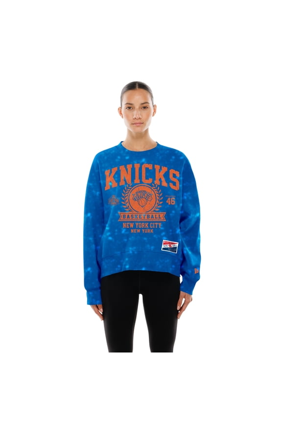 Women's New Era Blue New York Knicks Throwback Collection Mineral Wash Crewneck Sweatshirt