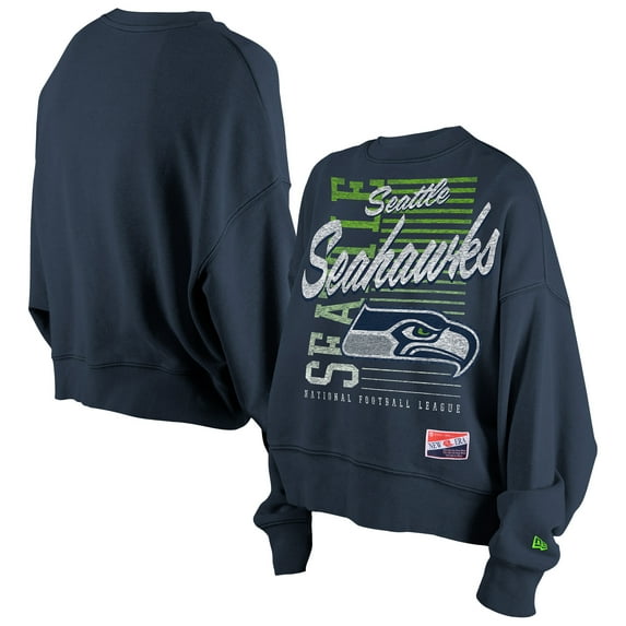 Women's New Era College Navy Seattle Seahawks Oversized Throwback Mineral Wash Crew Neck Sweatshirt