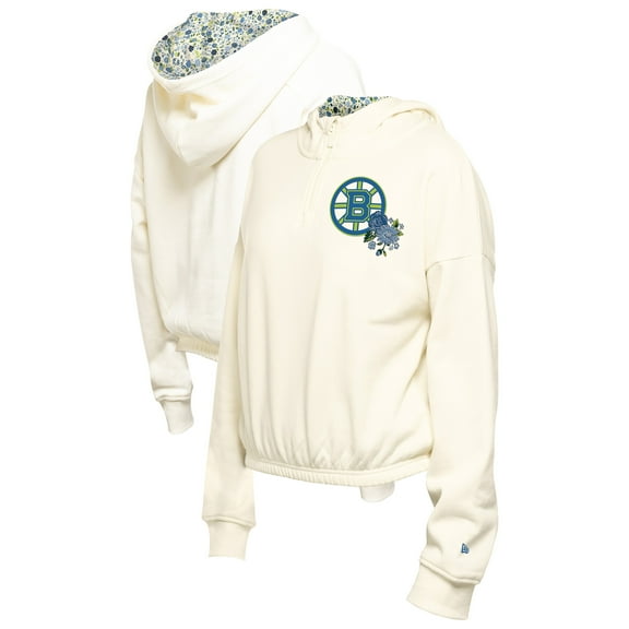 Women's New Era Cream Boston Bruins Glam Game Quarter-Zip Cropped Floral Hoodie Pullover