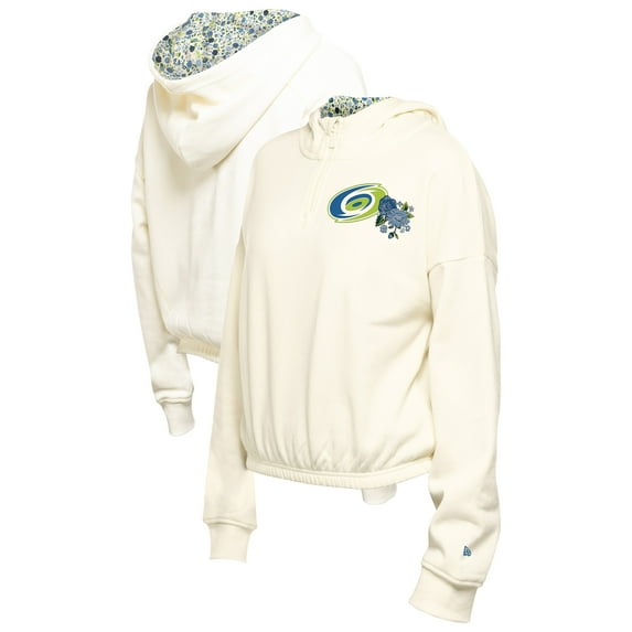Women's New Era Cream Carolina Hurricanes Glam Game Quarter-Zip Cropped Floral Hoodie Pullover