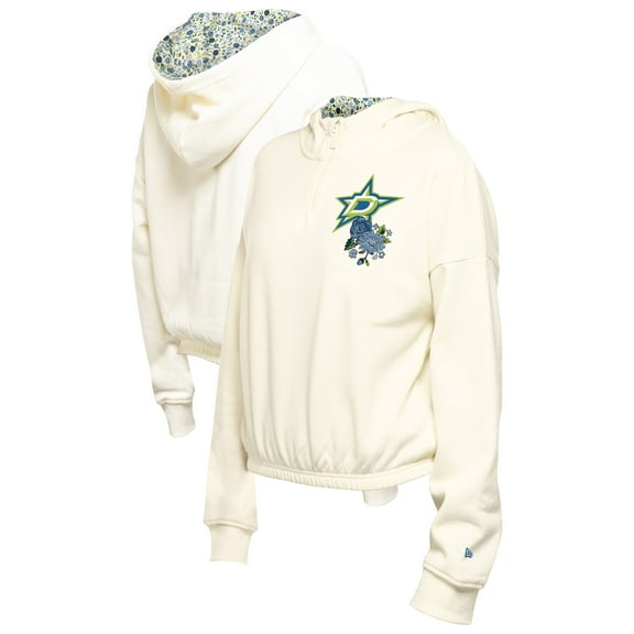Women's New Era Cream Dallas Stars Glam Game Quarter-Zip Cropped Floral Hoodie Pullover